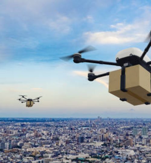 Drone delivery concept. Autonomous unmanned aerial vehicle used to transport packages. 3D rendering.